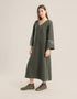 Reversible long aline dress with V neckline and embroidery on sleeves